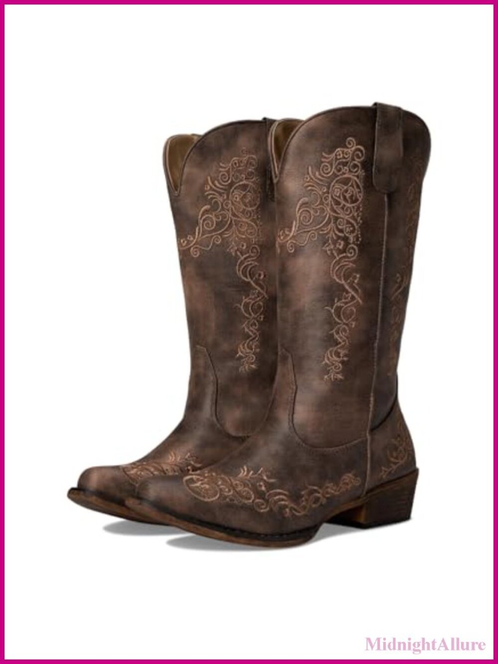 Women's Faux Leather Embroidered Snip Toe Mid-Calf Boots, Low Heel